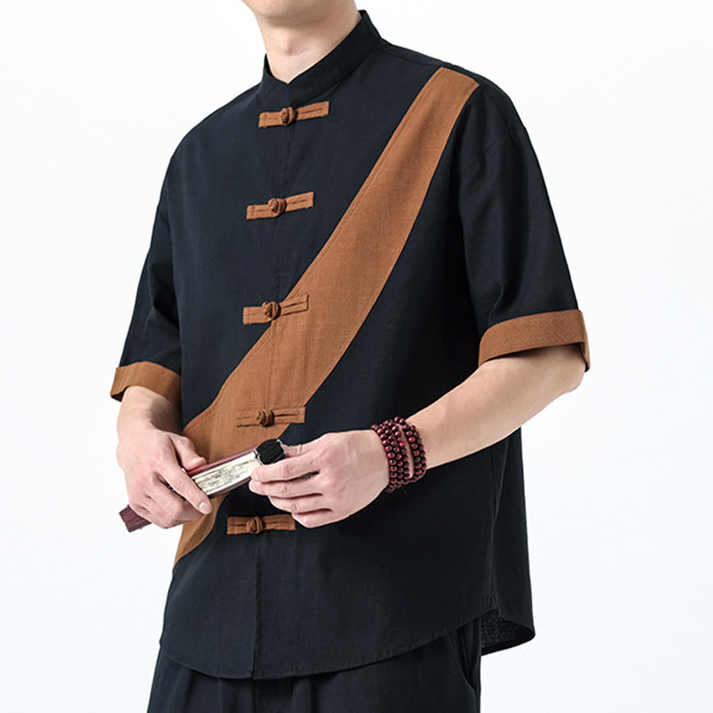 Cotton Linen Half-Sleeve Stand Collar Meditation Shirt