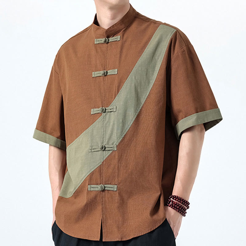 Cotton Linen Half-Sleeve Stand Collar Meditation Shirt