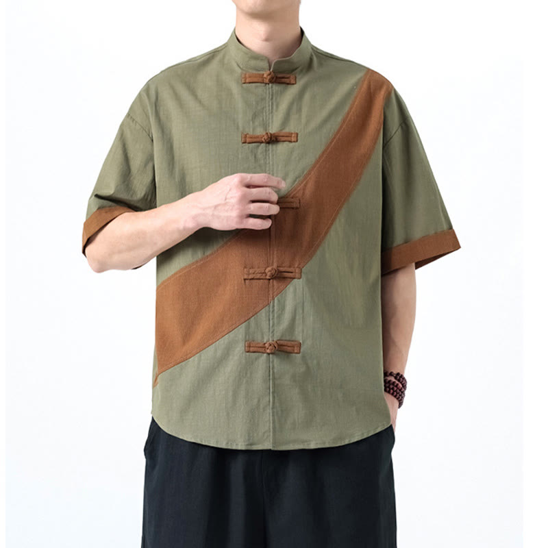 Cotton Linen Half-Sleeve Stand Collar Meditation Shirt