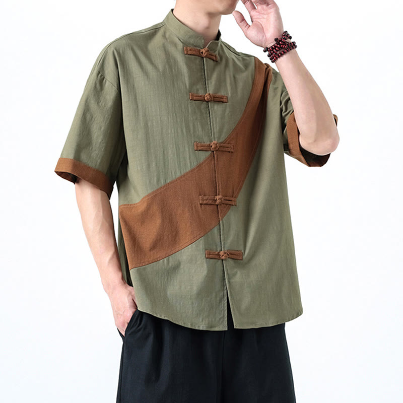 Cotton Linen Half-Sleeve Stand Collar Meditation Shirt
