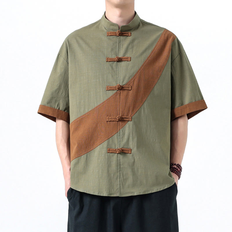 Cotton Linen Half-Sleeve Stand Collar Meditation Shirt