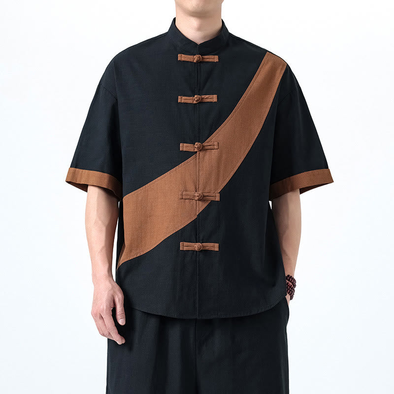 Cotton Linen Half-Sleeve Stand Collar Meditation Shirt