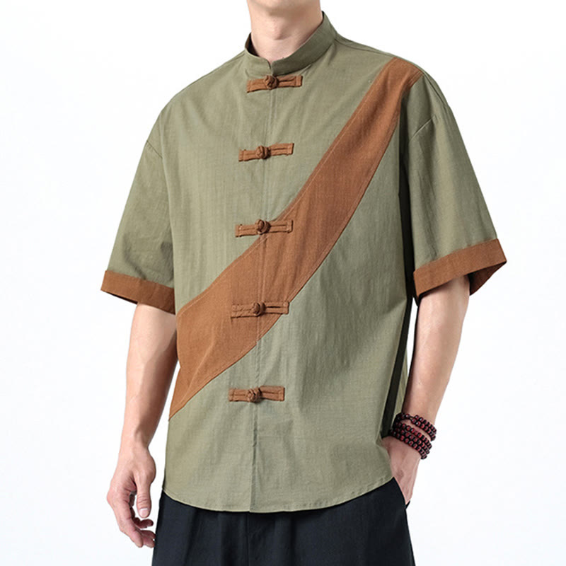 Cotton Linen Half-Sleeve Stand Collar Meditation Shirt