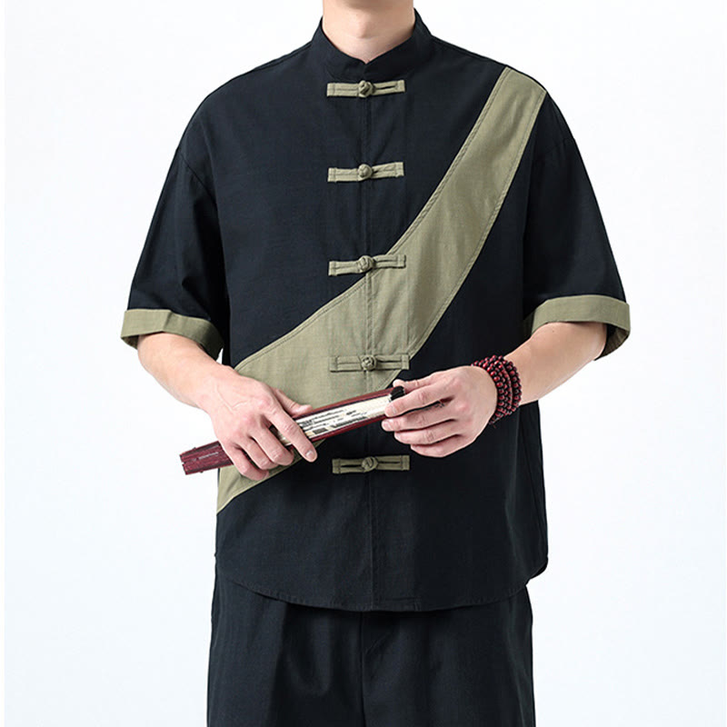 Cotton Linen Half-Sleeve Stand Collar Meditation Shirt