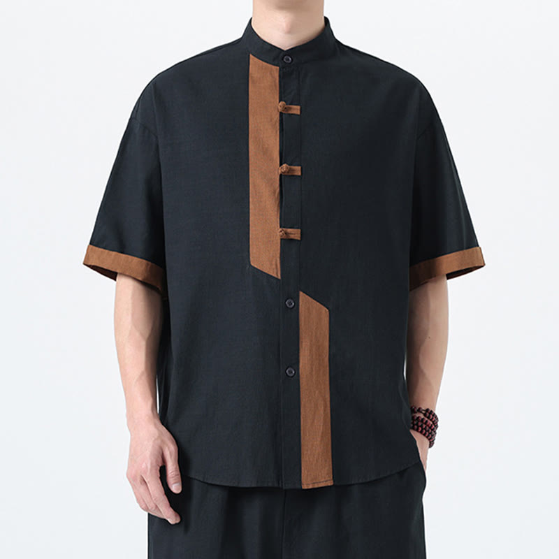Cotton Linen Frog-Button Stand Collar Meditation Shirt