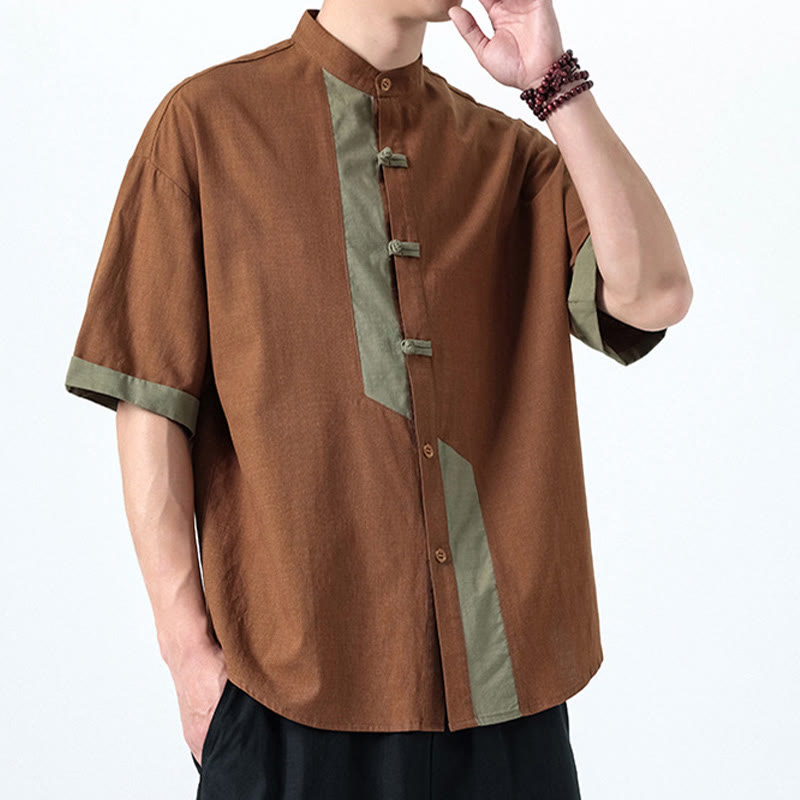 Cotton Linen Frog-Button Stand Collar Meditation Shirt