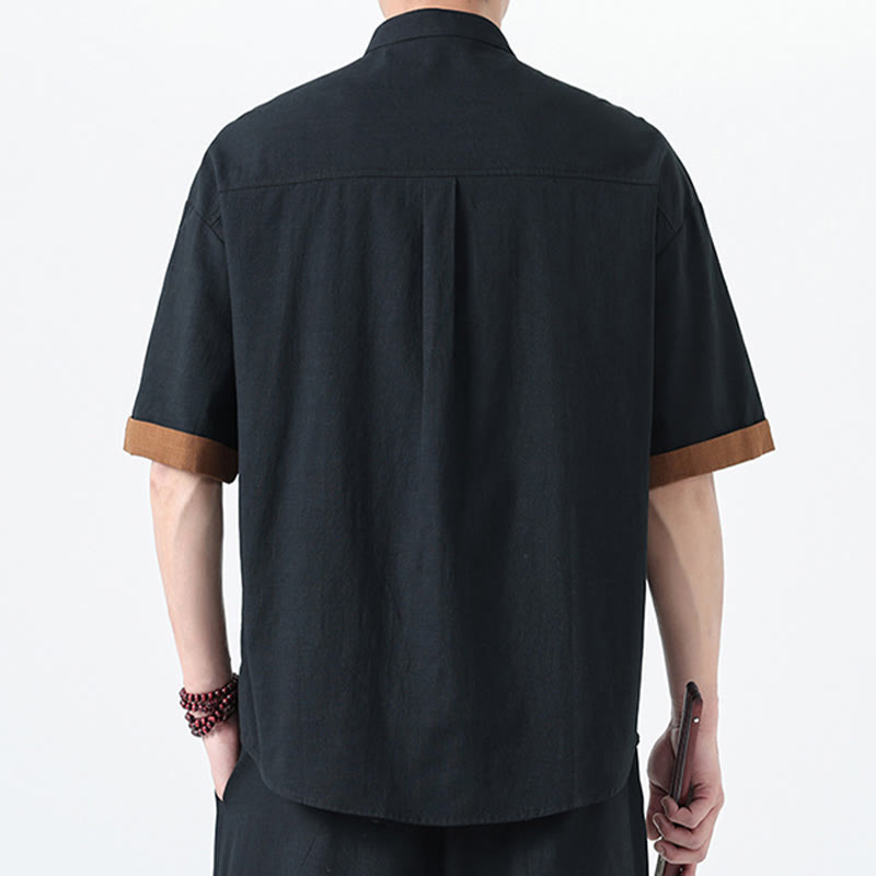 Cotton Linen Frog-Button Stand Collar Meditation Shirt