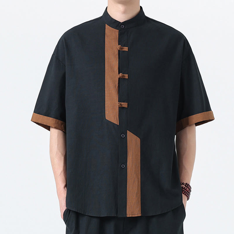Cotton Linen Frog-Button Stand Collar Meditation Shirt