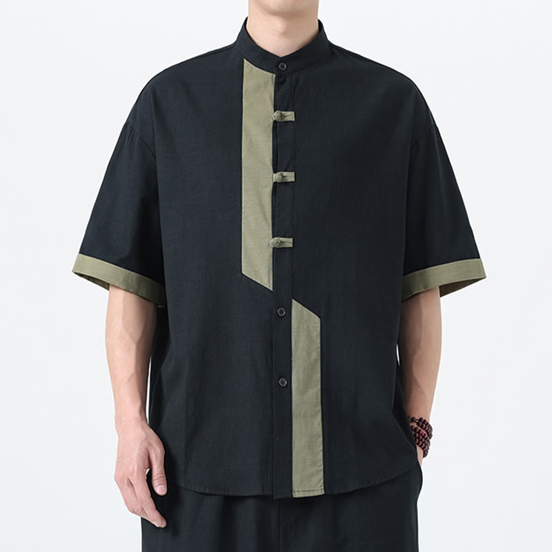 Cotton Linen Frog-Button Stand Collar Meditation Shirt
