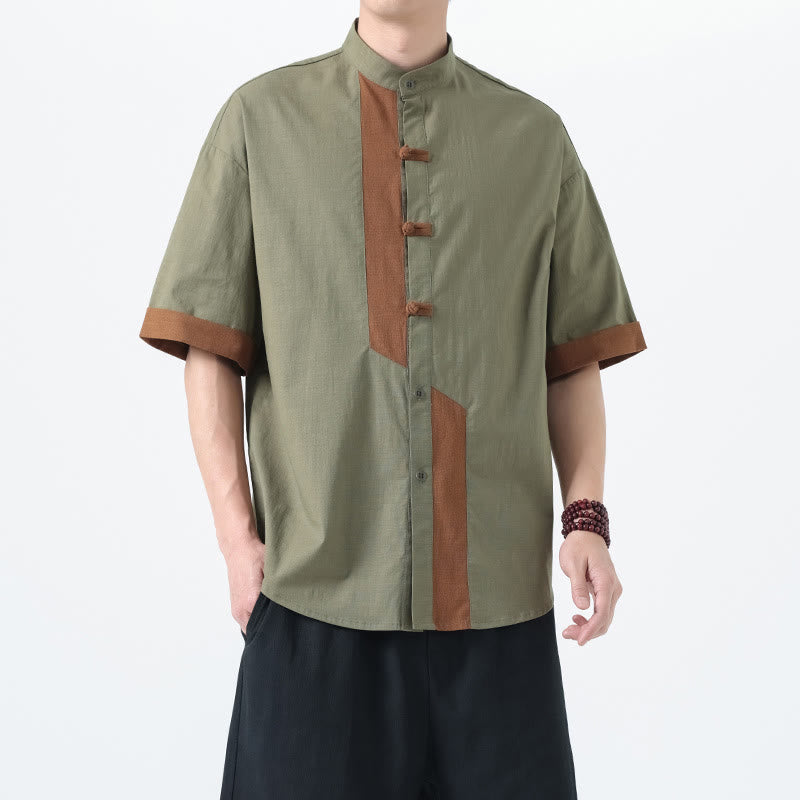 Cotton Linen Frog-Button Stand Collar Meditation Shirt