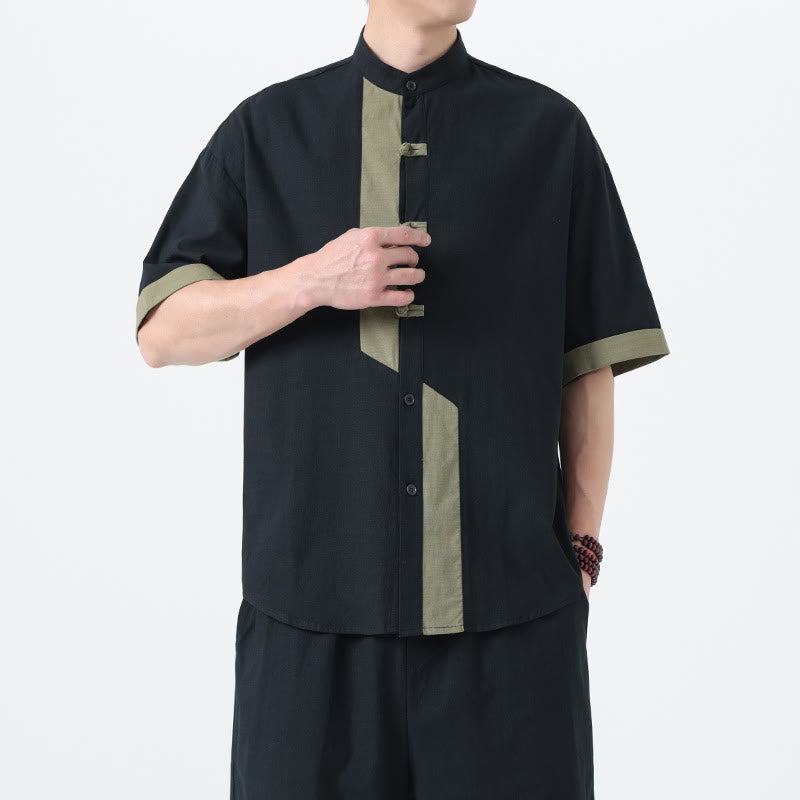 Cotton Linen Frog-Button Stand Collar Meditation Shirt
