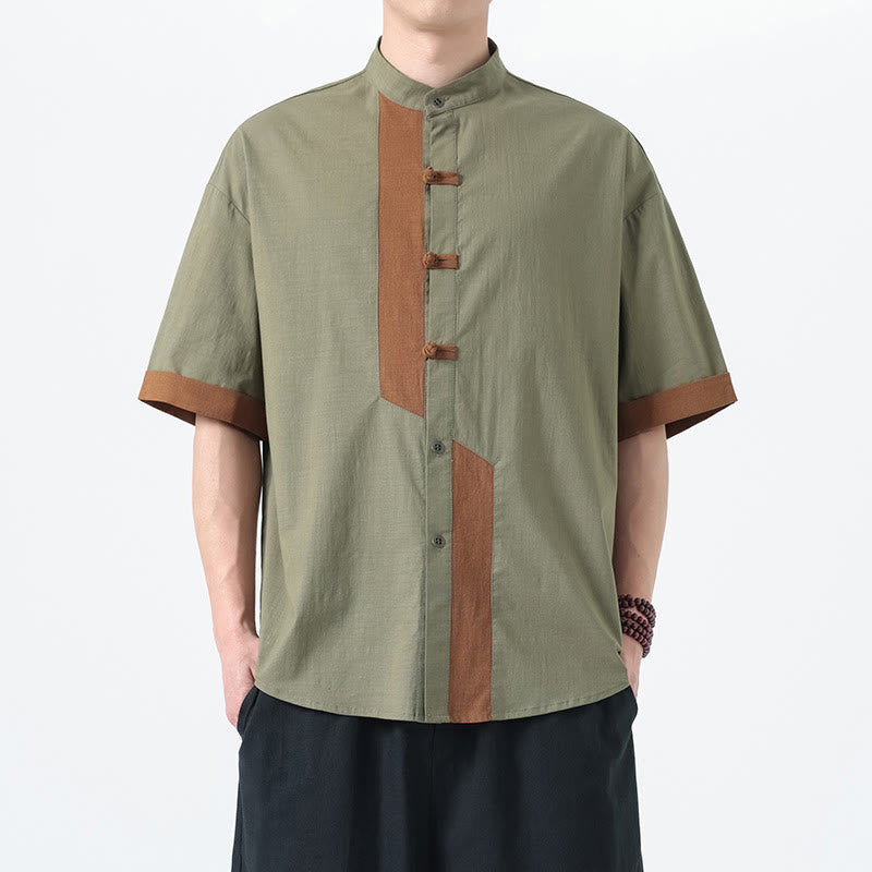 Cotton Linen Frog-Button Stand Collar Meditation Shirt
