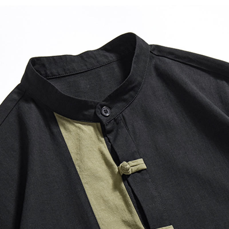 Cotton Linen Frog-Button Stand Collar Meditation Shirt