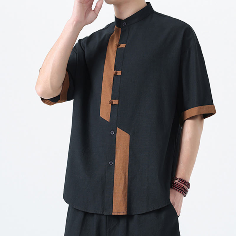 Cotton Linen Frog-Button Stand Collar Meditation Shirt