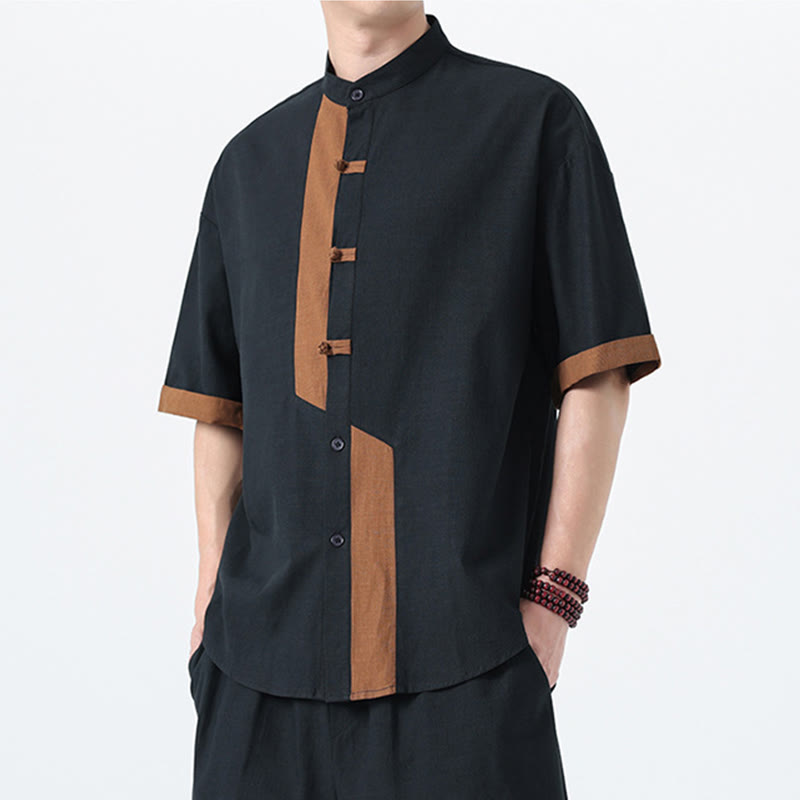Cotton Linen Frog-Button Stand Collar Meditation Shirt