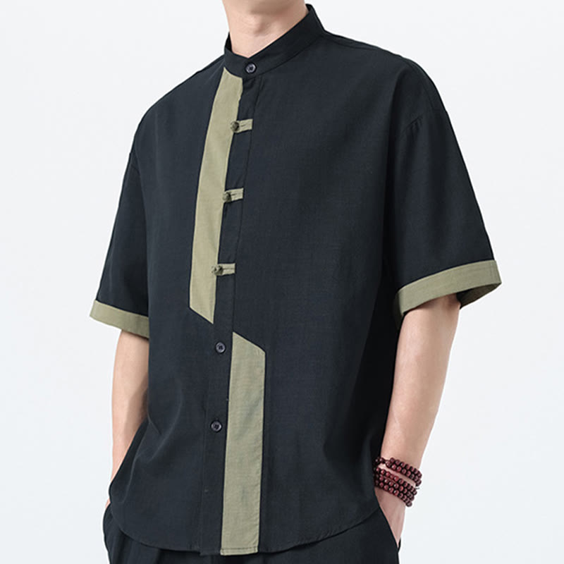 Cotton Linen Frog-Button Stand Collar Meditation Shirt
