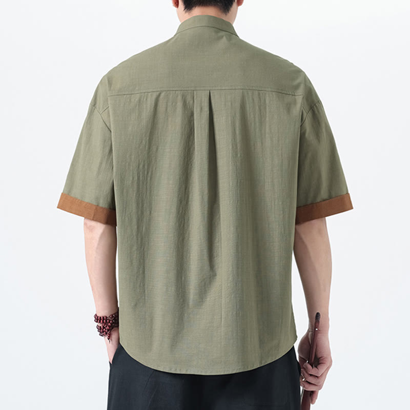 Cotton Linen Frog-Button Stand Collar Meditation Shirt