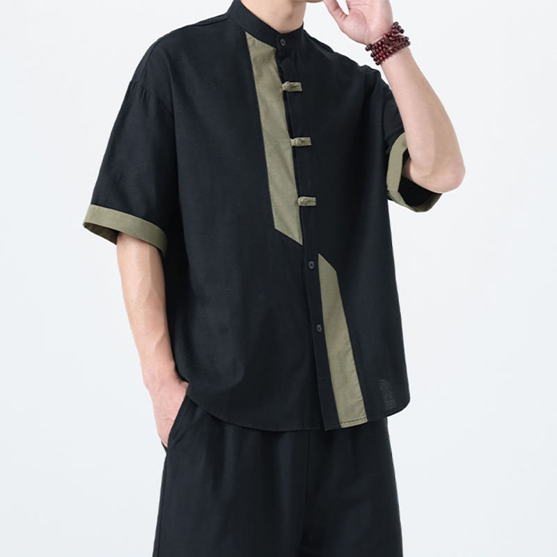 Cotton Linen Frog-Button Stand Collar Meditation Shirt