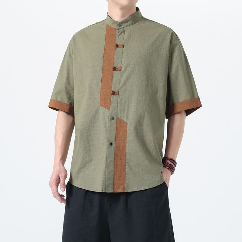 Cotton Linen Frog-Button Stand Collar Meditation Shirt