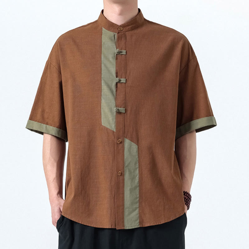 Cotton Linen Frog-Button Stand Collar Meditation Shirt