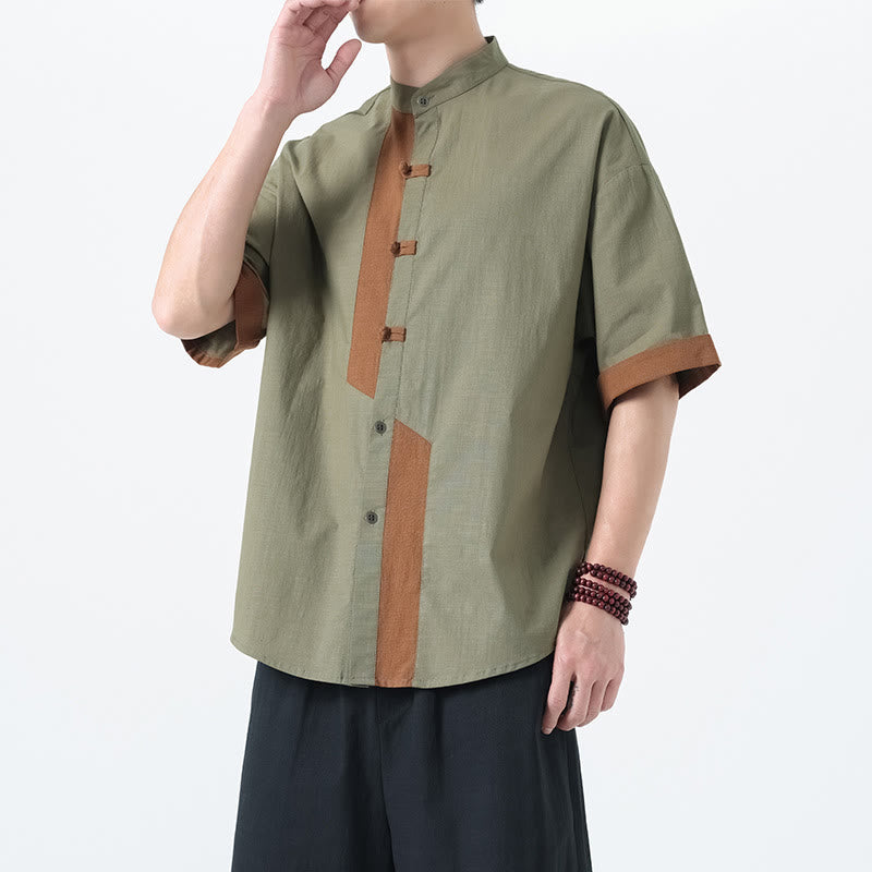 Cotton Linen Frog-Button Stand Collar Meditation Shirt