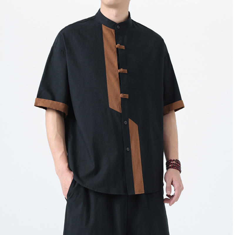 Cotton Linen Frog-Button Stand Collar Meditation Shirt