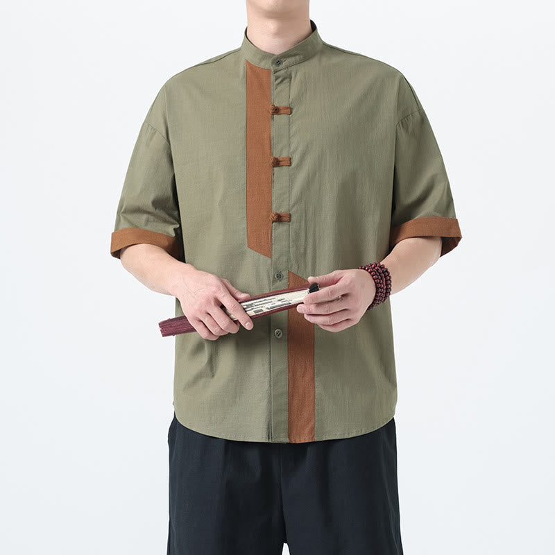 Cotton Linen Frog-Button Stand Collar Meditation Shirt