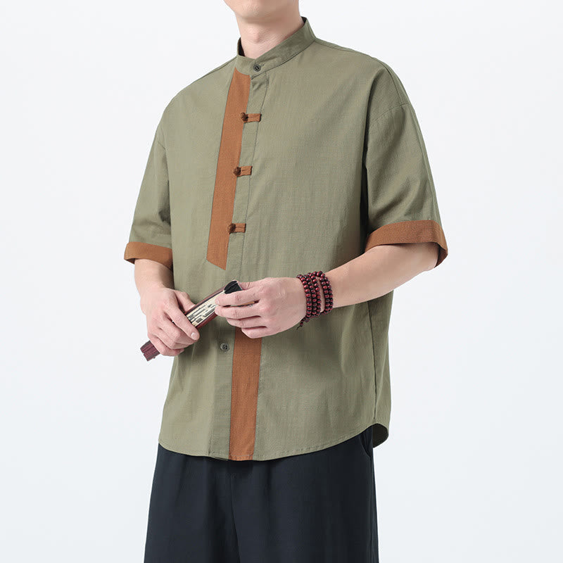 Cotton Linen Frog-Button Stand Collar Meditation Shirt
