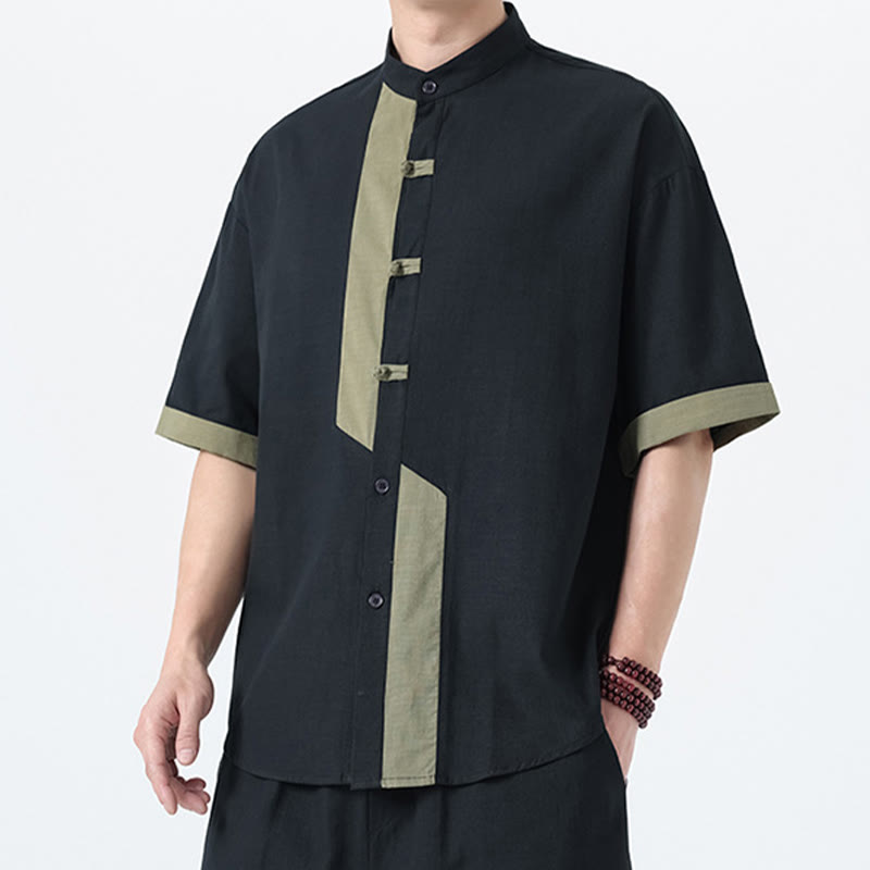 Cotton Linen Frog-Button Stand Collar Meditation Shirt