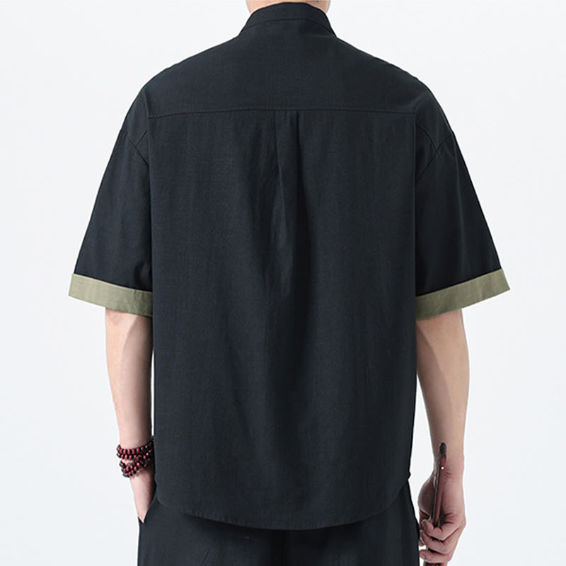 Cotton Linen Frog-Button Stand Collar Meditation Shirt