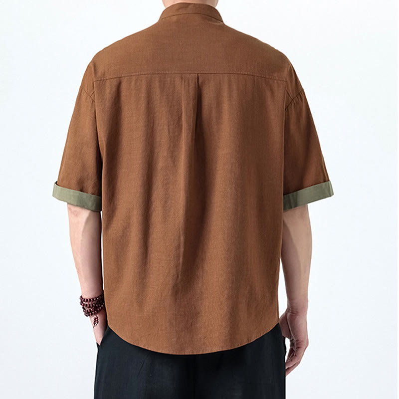 Cotton Linen Frog-Button Stand Collar Meditation Shirt