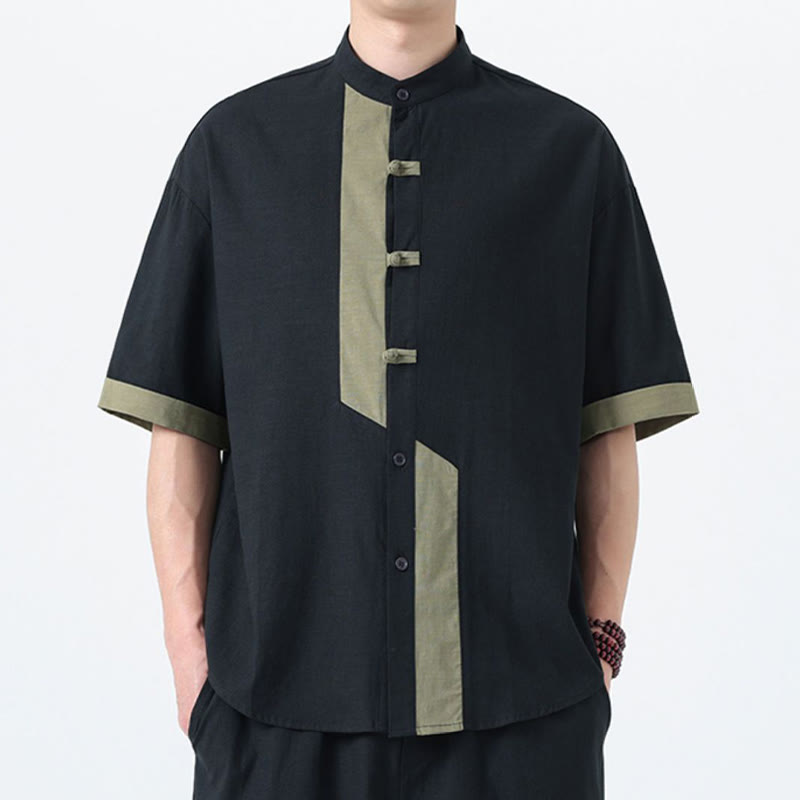 Cotton Linen Frog-Button Stand Collar Meditation Shirt