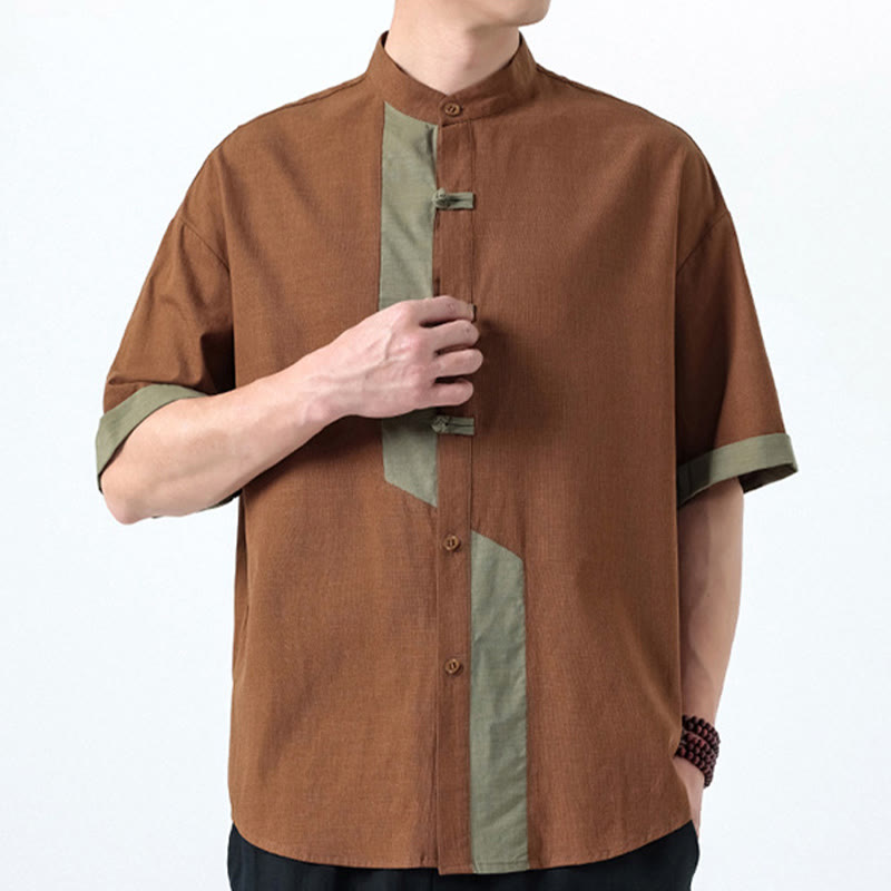 Cotton Linen Frog-Button Stand Collar Meditation Shirt