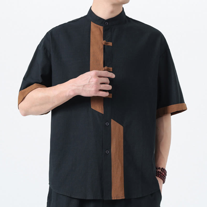 Cotton Linen Frog-Button Stand Collar Meditation Shirt