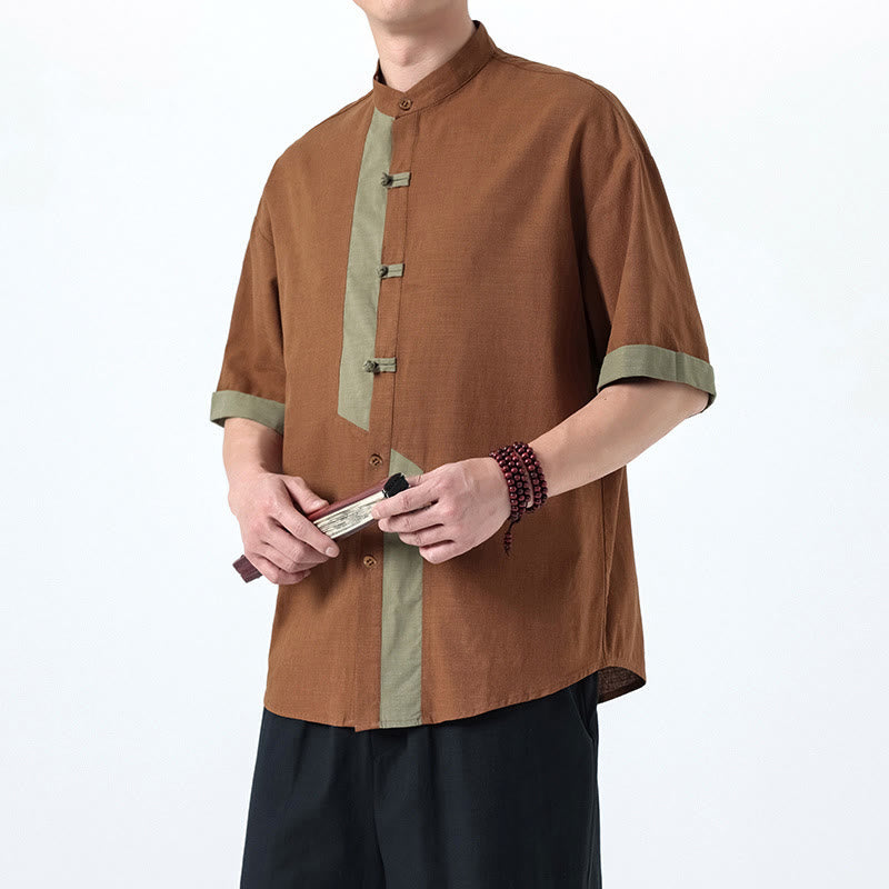 Cotton Linen Frog-Button Stand Collar Meditation Shirt