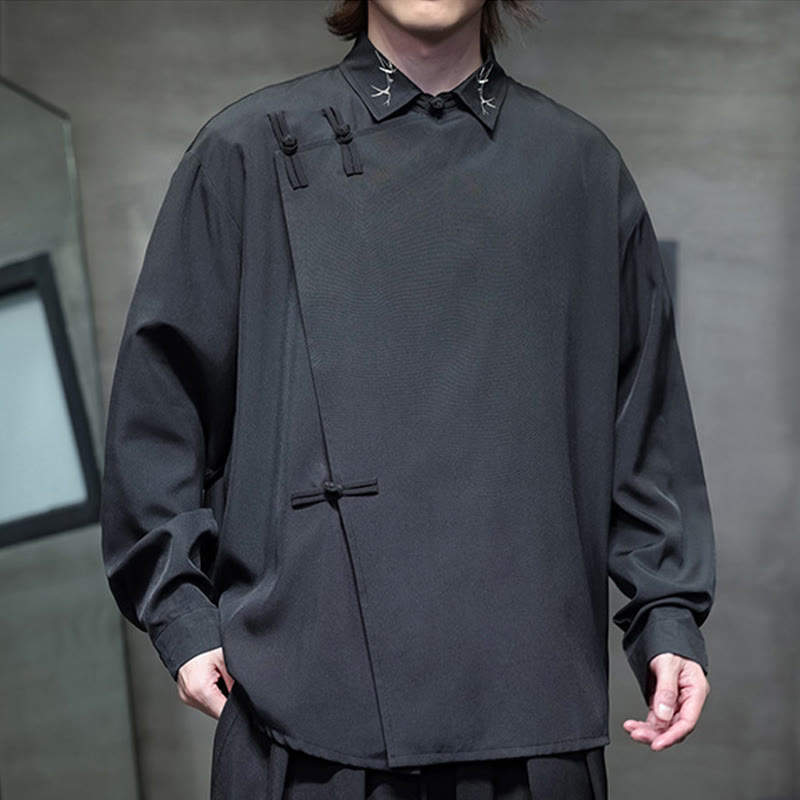 Vintage Pure Color Chinese Frog-Button Design Embroidery Lapel Men's Long Sleeve Shirt