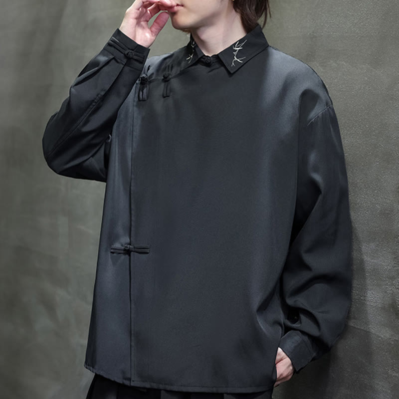 Vintage Pure Color Chinese Frog-Button Design Embroidery Lapel Men's Long Sleeve Shirt
