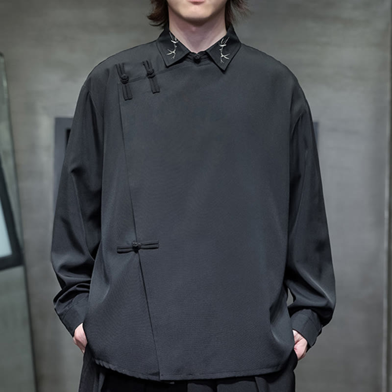 Vintage Pure Color Chinese Frog-Button Design Embroidery Lapel Men's Long Sleeve Shirt