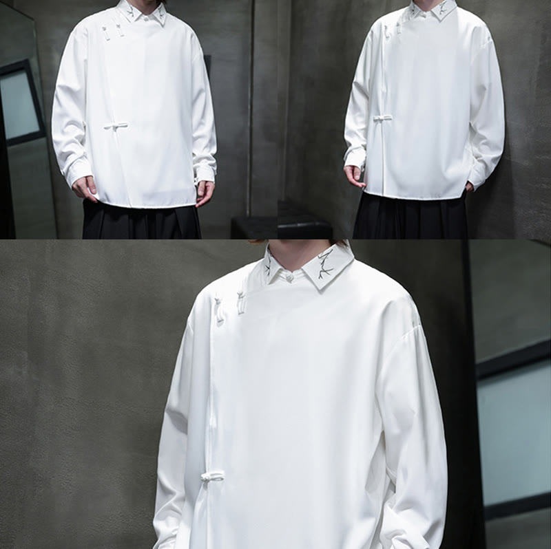 Vintage Pure Color Chinese Frog-Button Design Embroidery Lapel Men's Long Sleeve Shirt