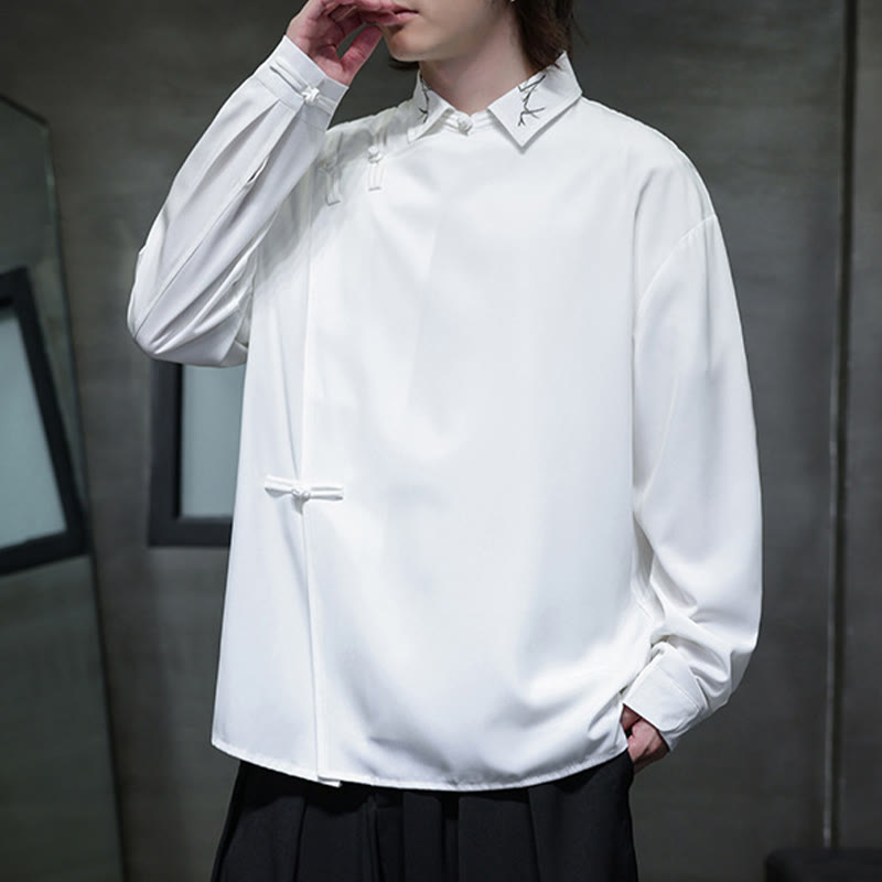 Vintage Pure Color Chinese Frog-Button Design Embroidery Lapel Men's Long Sleeve Shirt