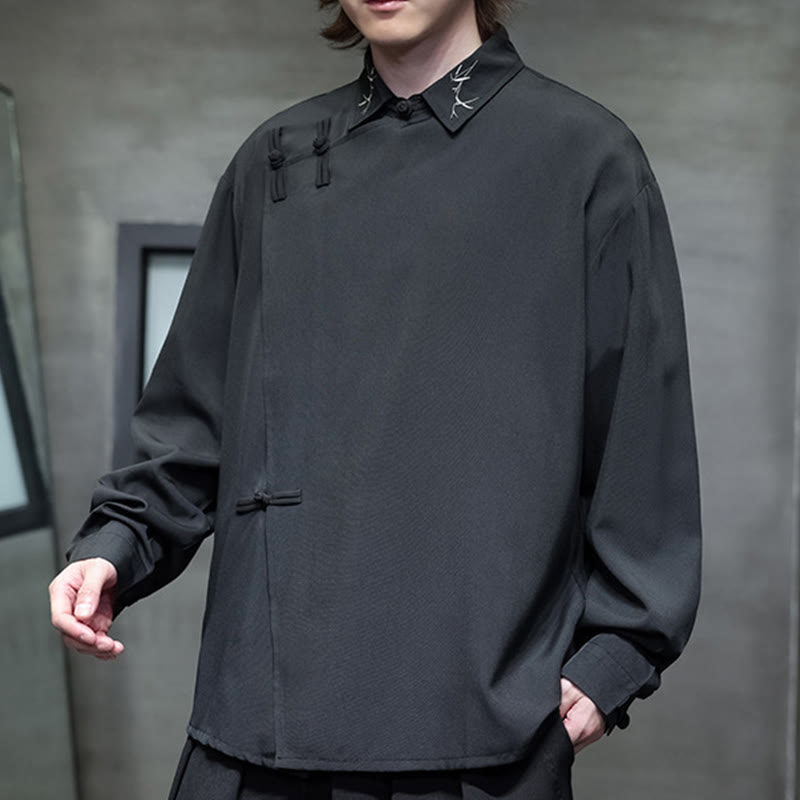 Vintage Pure Color Chinese Frog-Button Design Embroidery Lapel Men's Long Sleeve Shirt