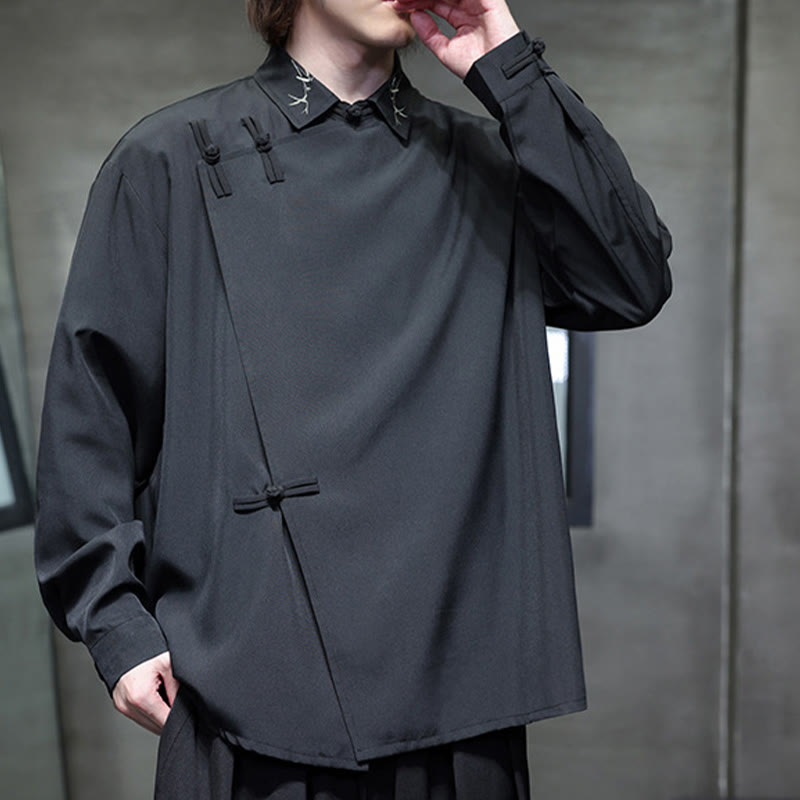 Vintage Pure Color Chinese Frog-Button Design Embroidery Lapel Men's Long Sleeve Shirt