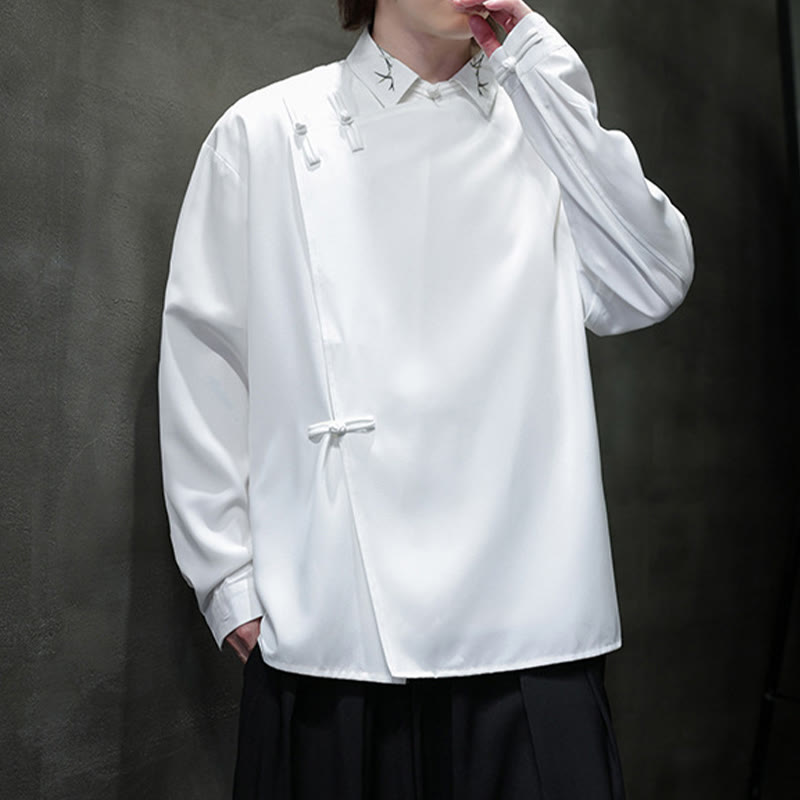 Vintage Pure Color Chinese Frog-Button Design Embroidery Lapel Men's Long Sleeve Shirt