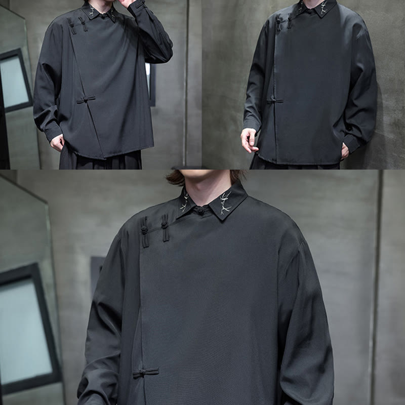 Vintage Pure Color Chinese Frog-Button Design Embroidery Lapel Men's Long Sleeve Shirt