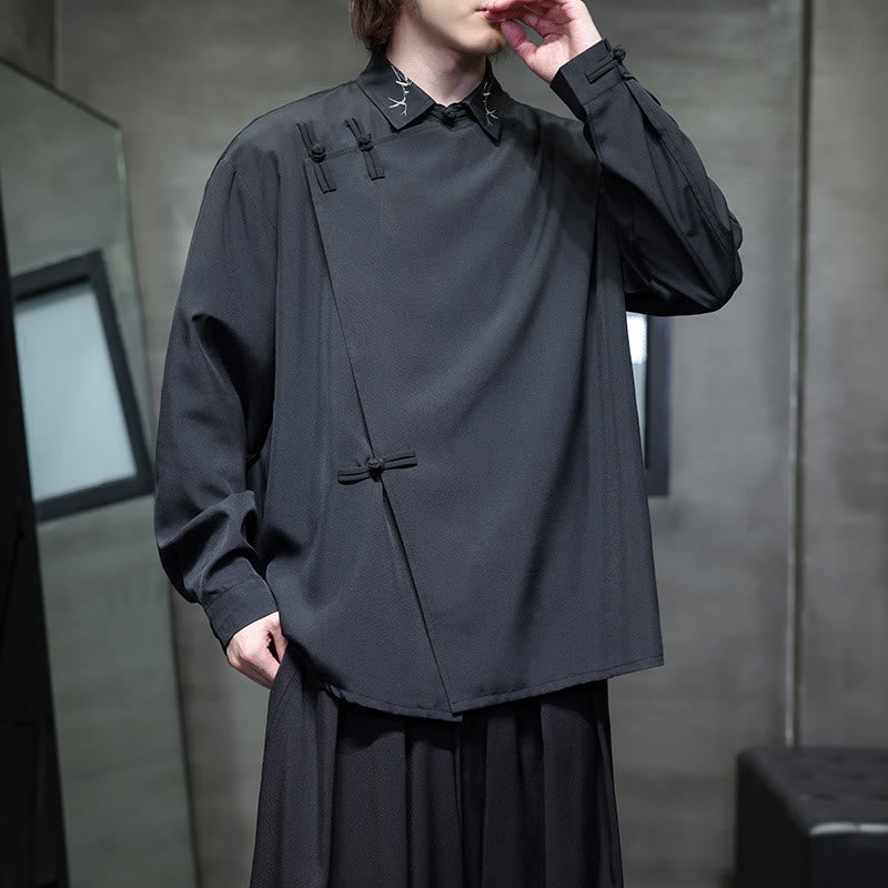 Vintage Pure Color Chinese Frog-Button Design Embroidery Lapel Men's Long Sleeve Shirt