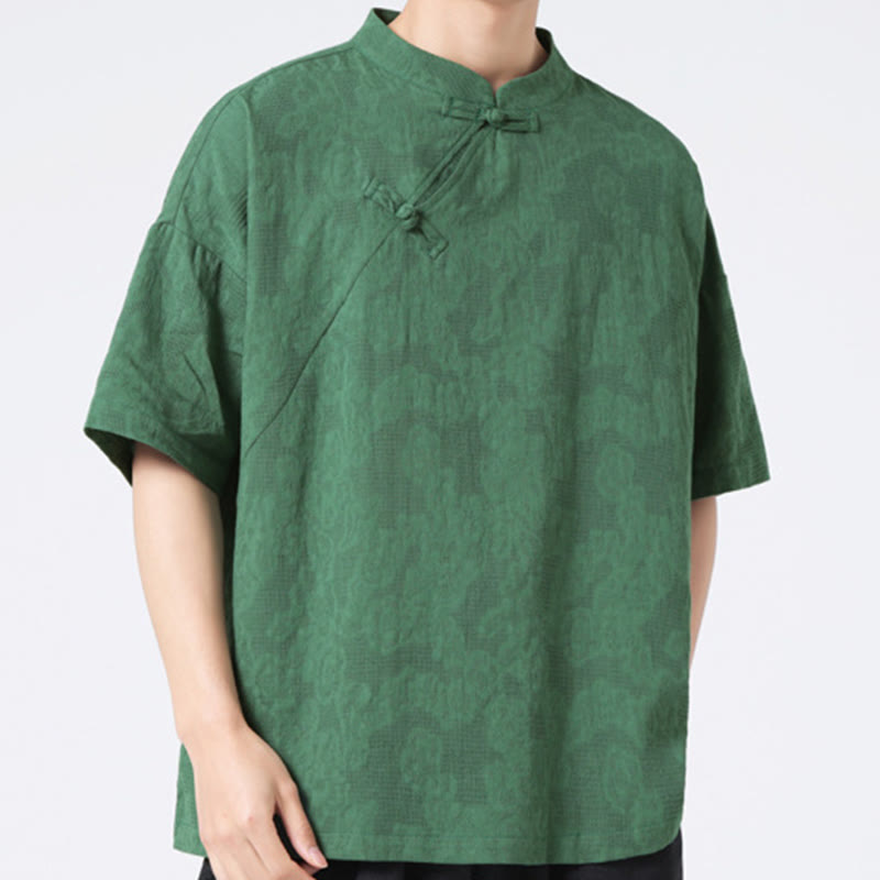 Retro Pure Color Frog-Button Design Jacquard Flower Pattern Men's Short Sleeve Cotton Linen Shirt