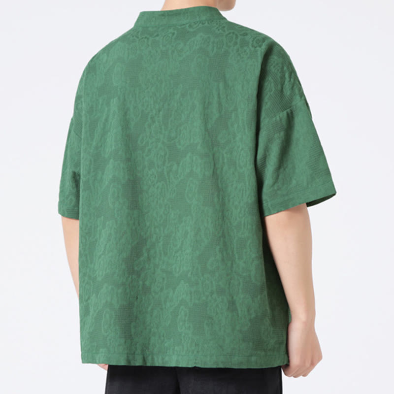 Retro Pure Color Frog-Button Design Jacquard Flower Pattern Men's Short Sleeve Cotton Linen Shirt
