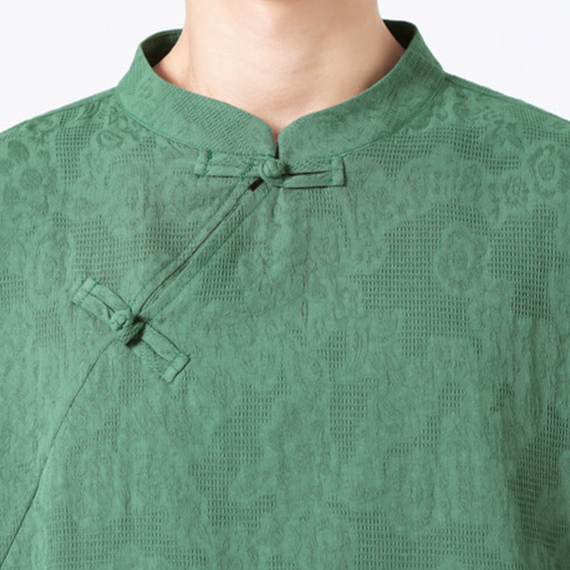 Retro Pure Color Frog-Button Design Jacquard Flower Pattern Men's Short Sleeve Cotton Linen Shirt