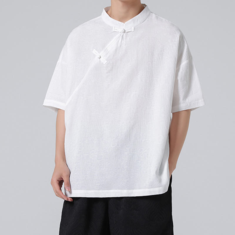 Retro Pure Color Frog-Button Design Jacquard Flower Pattern Men's Short Sleeve Cotton Linen Shirt