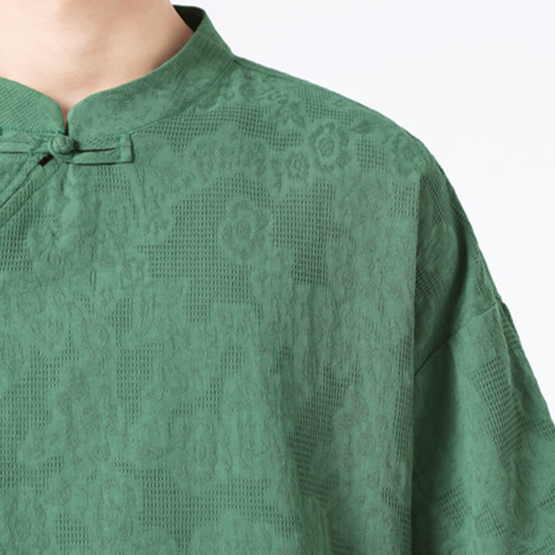 Retro Pure Color Frog-Button Design Jacquard Flower Pattern Men's Short Sleeve Cotton Linen Shirt